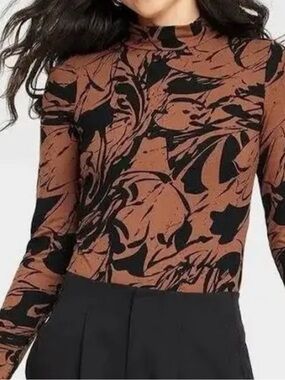 A New Day Abstract Black & Rust Brown Mock Neck Long Sleeve Bodysuit Small
